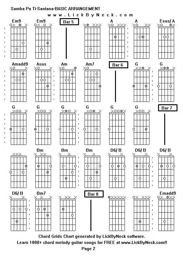 Chord Grids Chart of chord melody fingerstyle guitar song-Samba Pa Ti-Santana-BASIC ARRANGEMENT,generated by LickByNeck software.